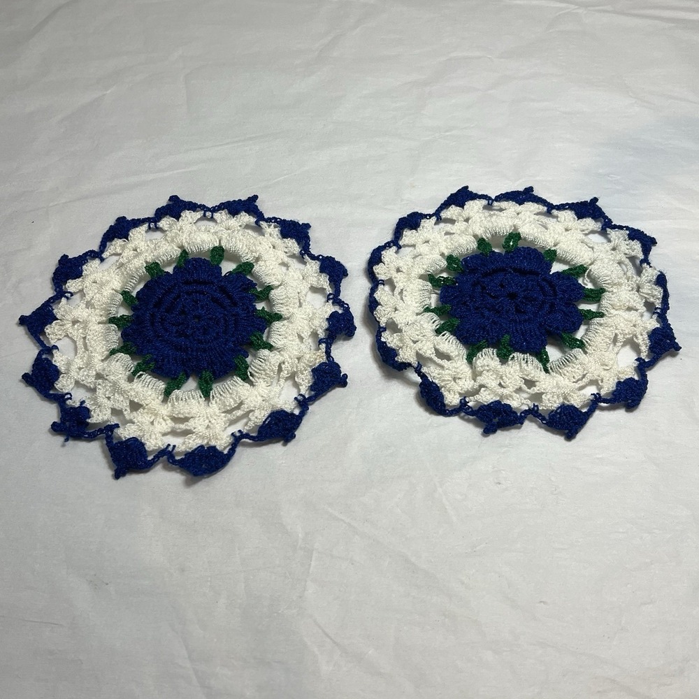 2 hand crochet matching doilies white Blue Green Handmade Vintage Granny Chic